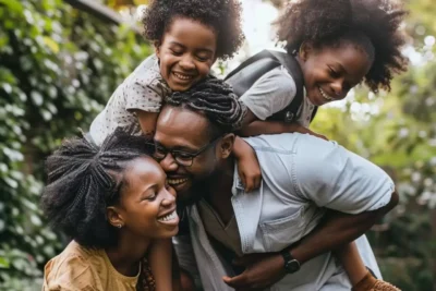 family all piled onto dad